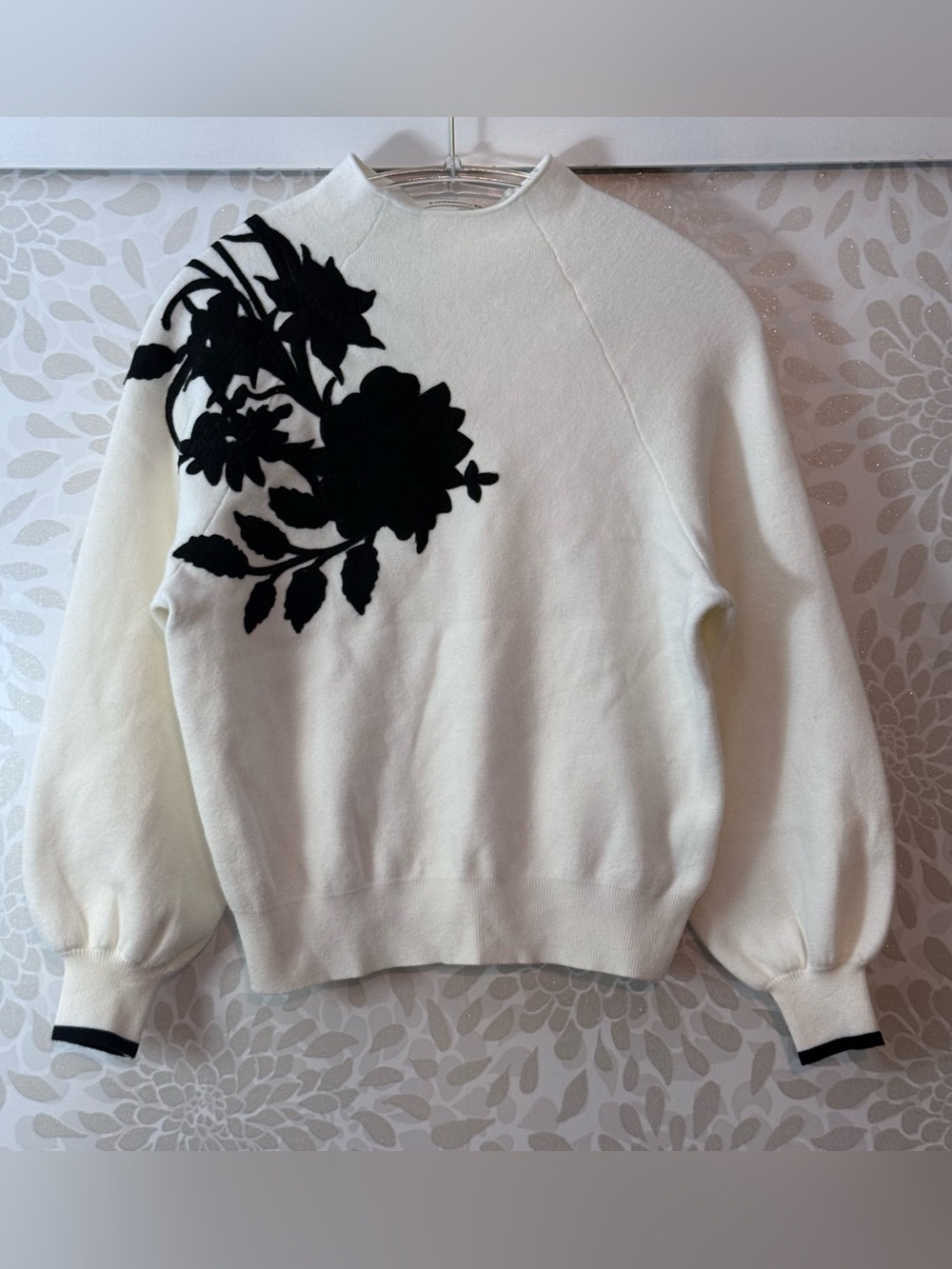 Anthropologie Anthro Women’s XS White Black Embroidered Mock Neck Sweater